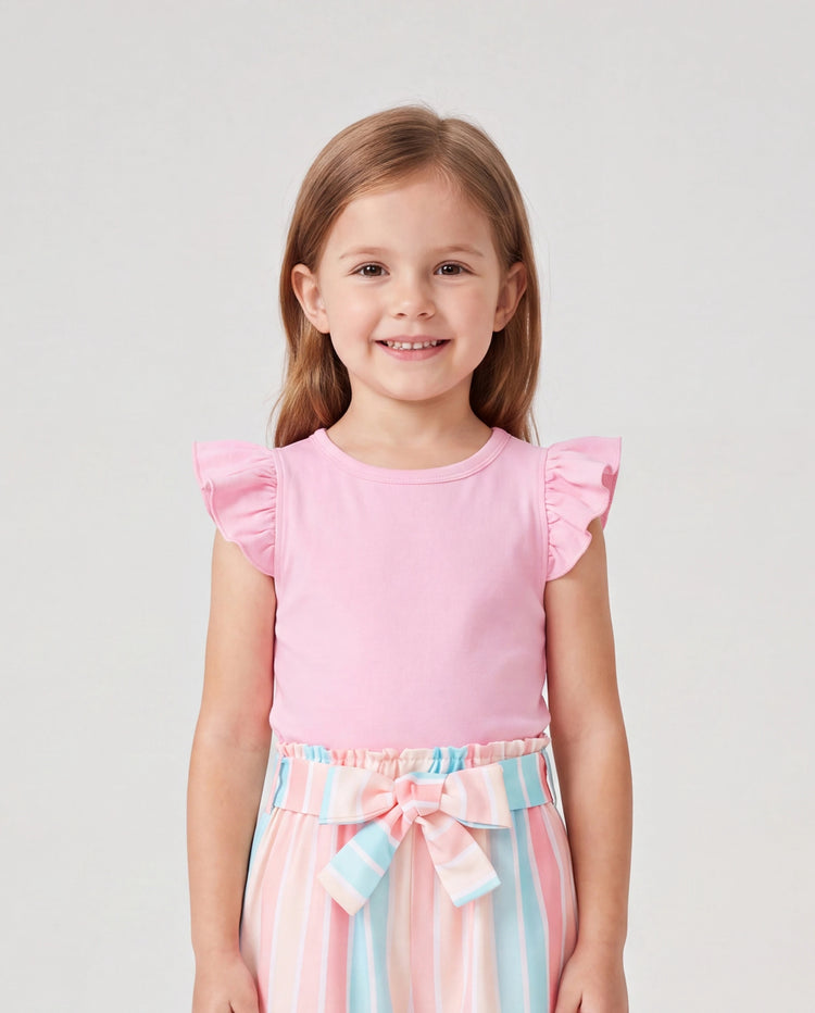 2pcs Kleinkind Mädchen Süße Flutter-Ärmel T-Shirt und Streifen Gürtel Shorts Set rosa