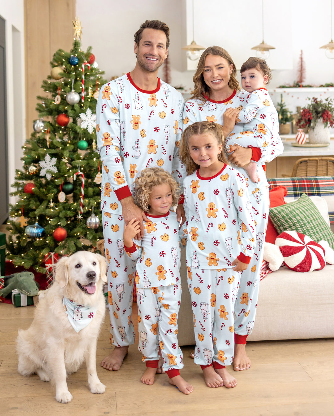 Pijamas navideños a juego para toda la familia, estampado de galleta de jengibre y leche, azul