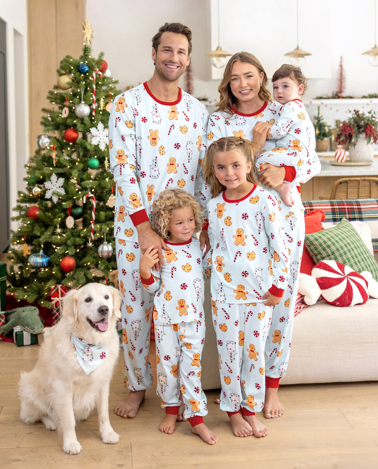 Pijamas navideños a juego para toda la familia, estampado de galleta de jengibre y leche, azul