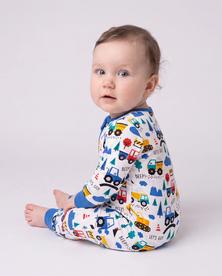 Bamboo Baby Boy/Girl Cartoon Printed 2-Way Zip Onesies Anti Slip Long-sleeve Footie Blue