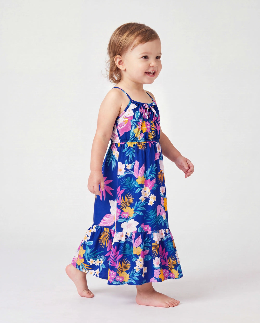 Tenues hawaïennes pour petite fille/enfant Robe à bretelles imprimé floral tropical pour les vacances Bleu profond