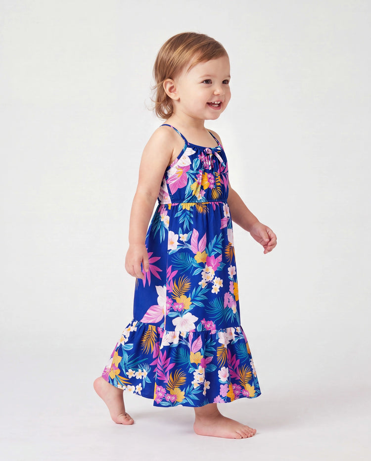 Tenues hawaïennes pour petite fille/enfant Robe à bretelles imprimé floral tropical pour les vacances Bleu profond