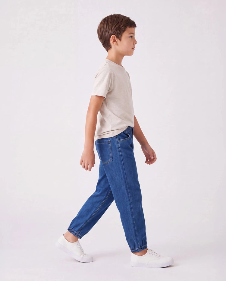 Pantalones vaqueros para niños con cintura elástica, suaves, elásticos y cómodos, para uso diario, con bolsillos, color azul oscuro