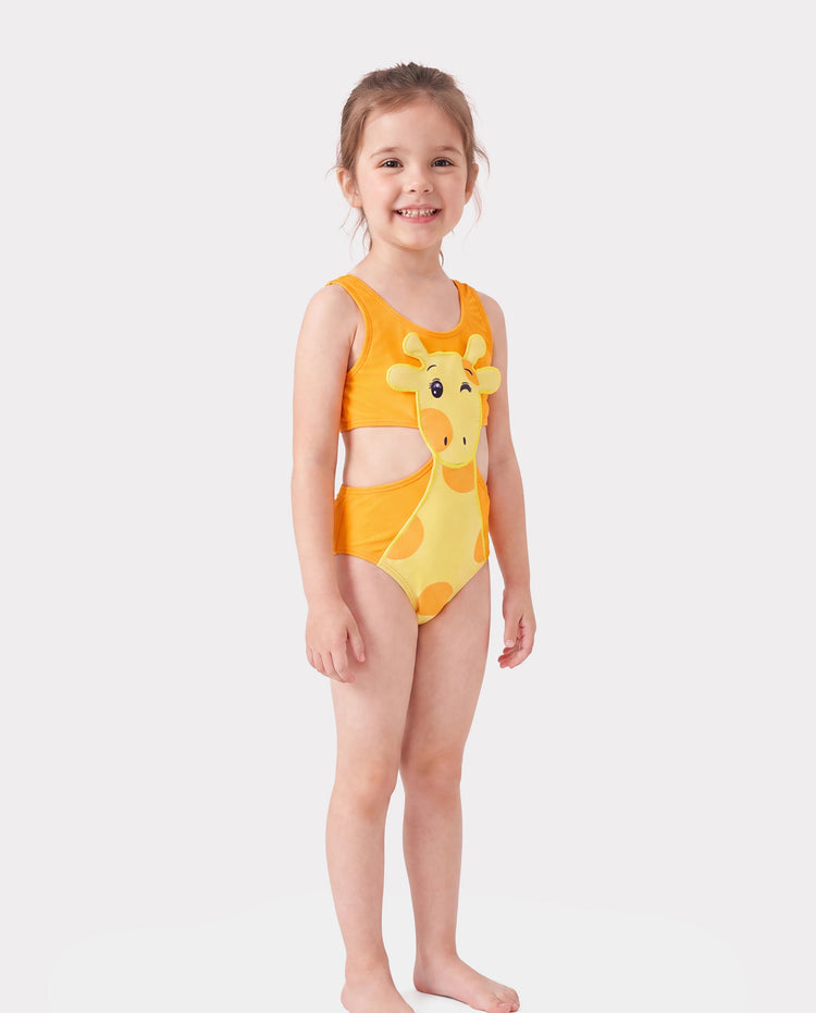ärmelloser einteiliger Badeanzug des verspielten Giraffendesigns des Kleinkindmädchens orange