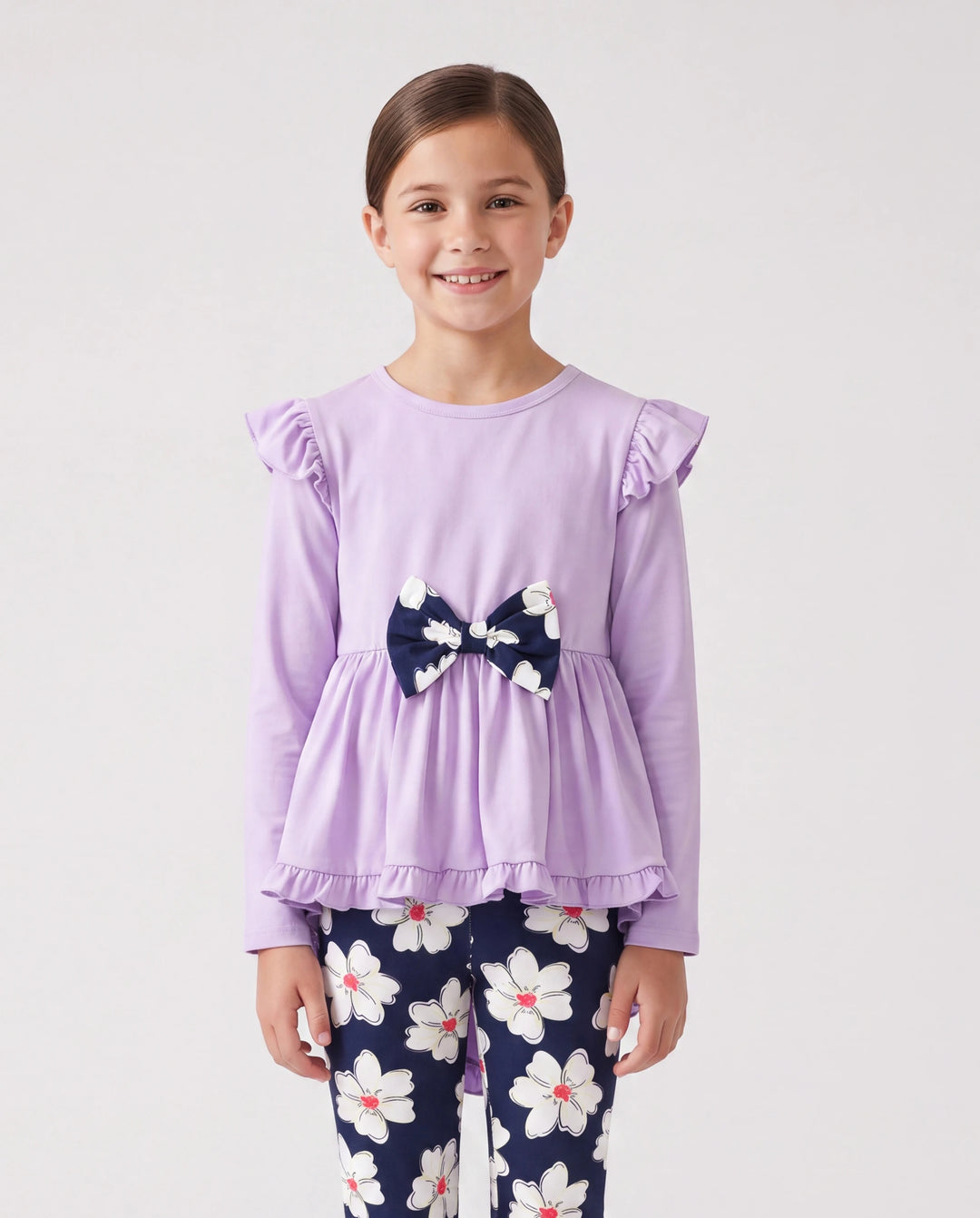 Ensemble 2 pièces pour fille, t-shirt à manches longues et volants avec nœud papillon et pantalon à imprimé floral violet clair