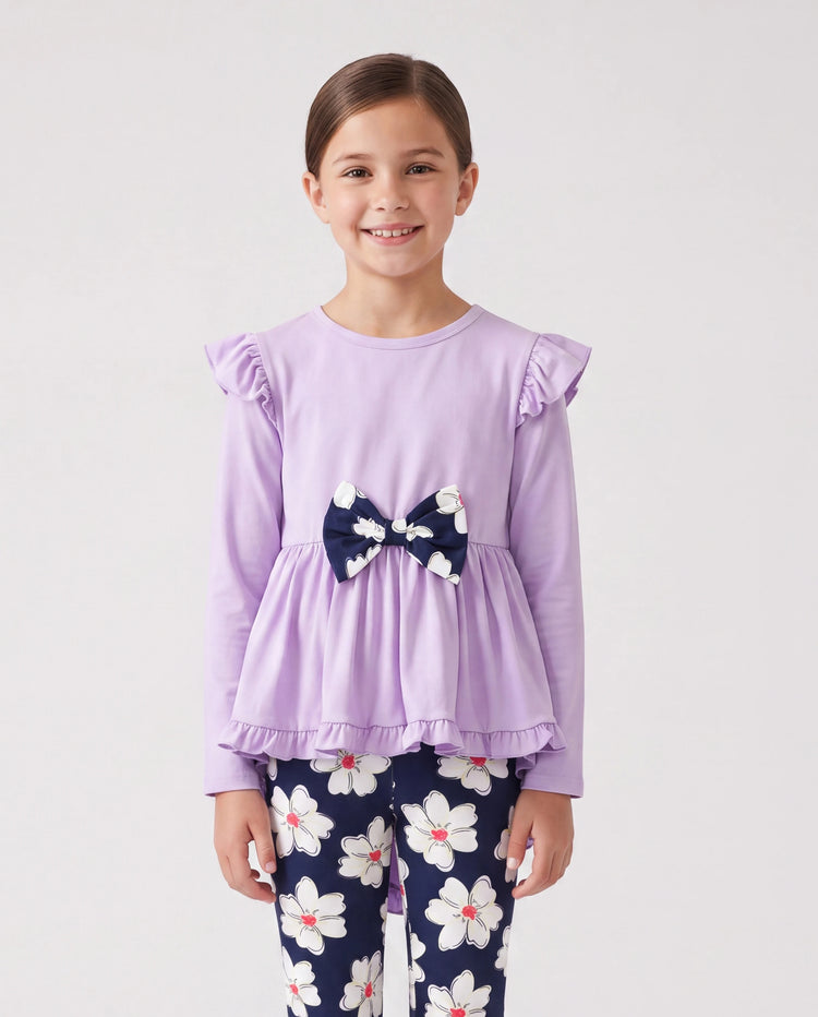 Ensemble 2 pièces pour fille, t-shirt à manches longues et volants avec nœud papillon et pantalon à imprimé floral violet clair