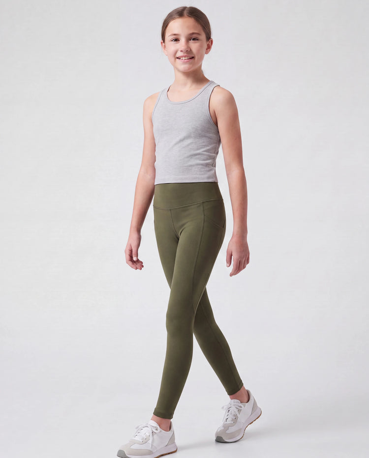 Sportliche ausgestellte Yogahose für Mädchen mit hoher Taille Einfarbige Leggings mit passendem Haargummi Armeegrün