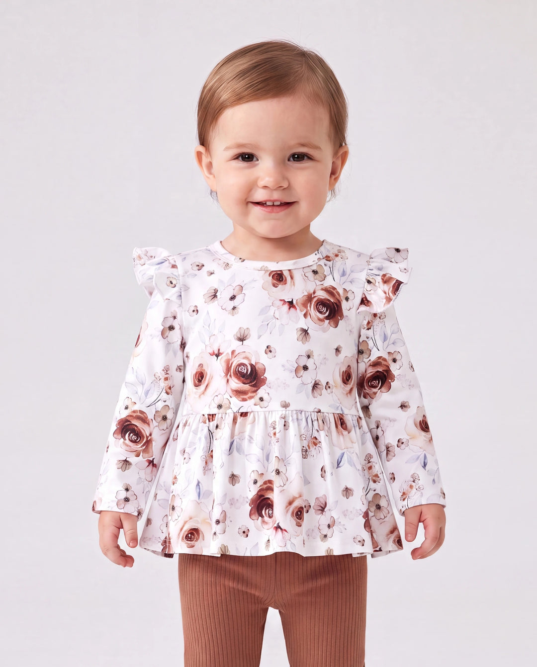 Conjunto de 2 piezas de ropa para bebé niña con mangas abullonadas y flores grandes
 Marrón