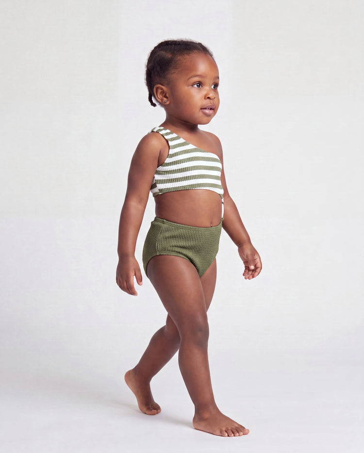 Bañador de una pieza con bloques de color y rayas, un solo hombro para niña pequeña Verde militar
