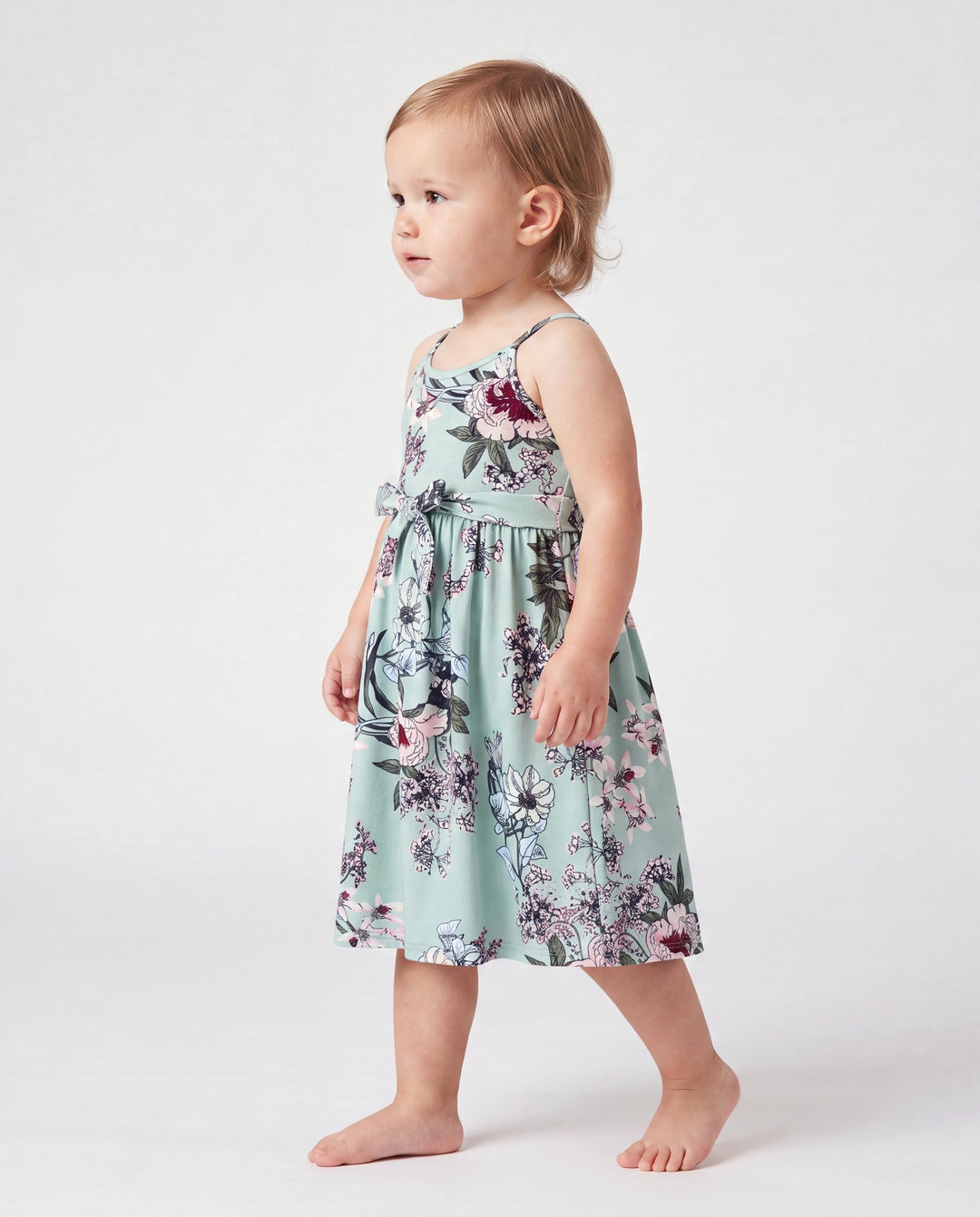 Toddler/Kid Girl Sets Flora Print Strap Belted Dress Light Green