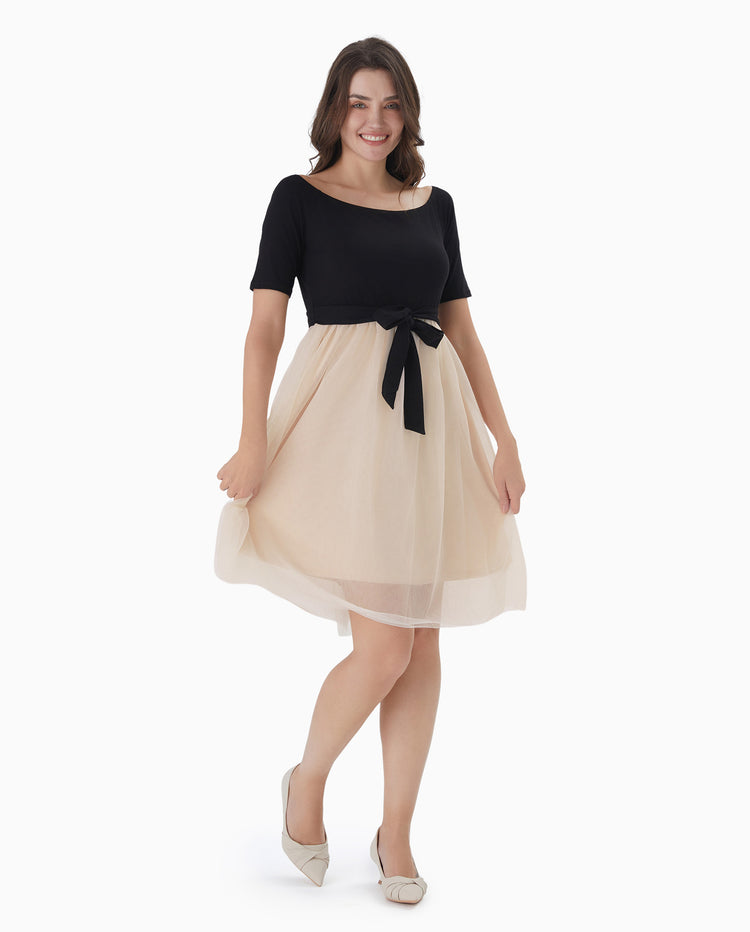 Family Matching Black-Almond Mesh Skirt and Classic Round Neck Long Sleeve Tops Sets Black