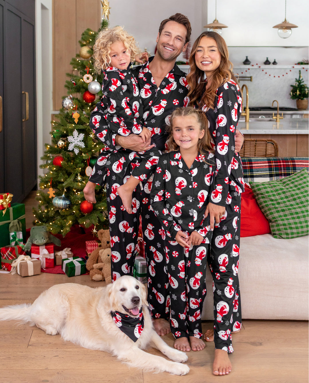Weihnachts-Pyjamas im Familien-Partnerlook, Schneemann-Print, Schwarz
