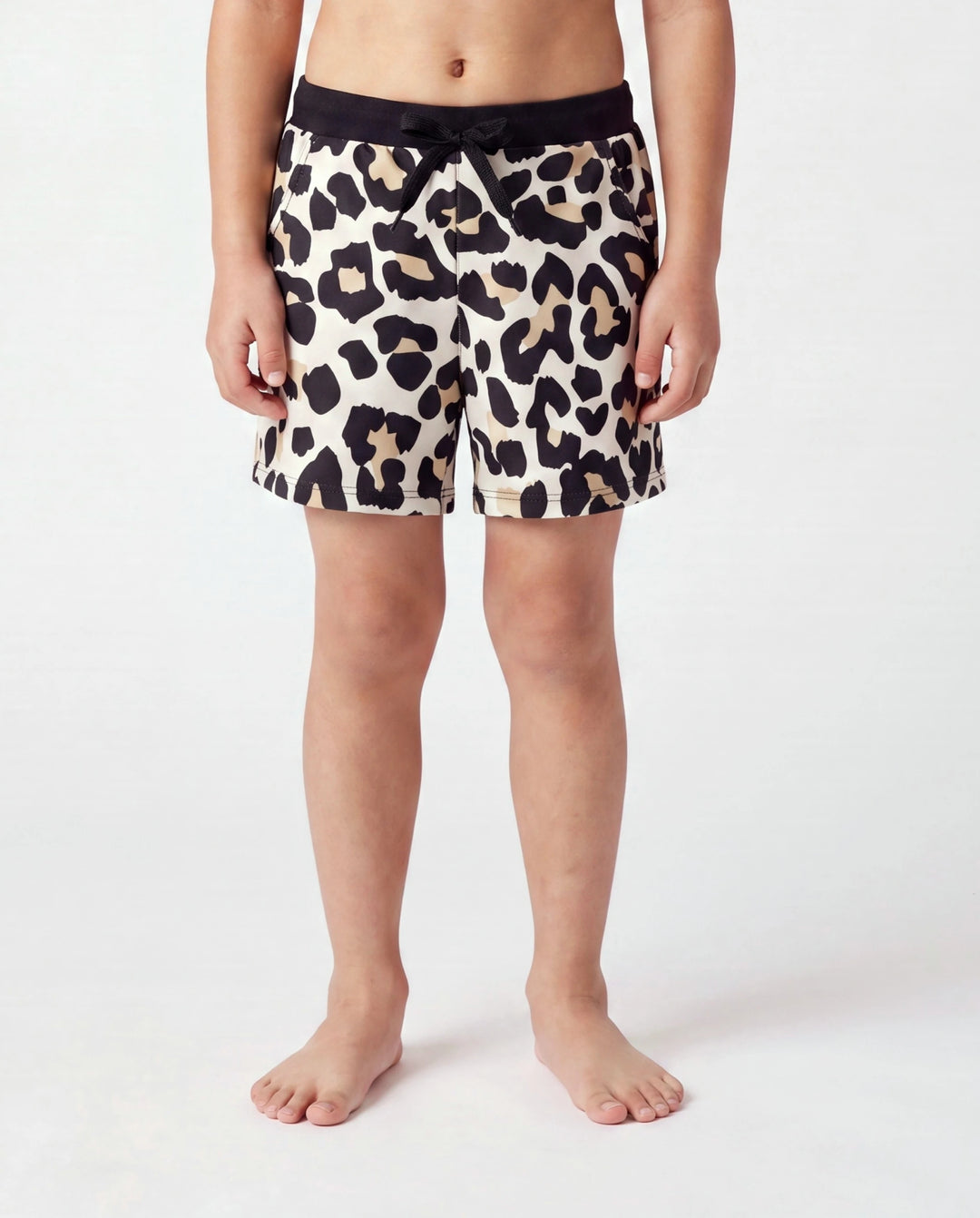 Bañador corto para niño pequeño con cordón y estampado de leopardo en negro