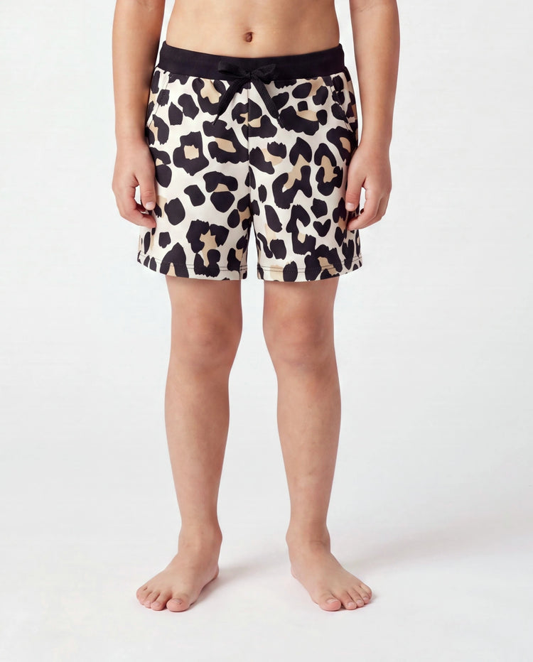 Bañador corto para niño pequeño con cordón y estampado de leopardo en negro
