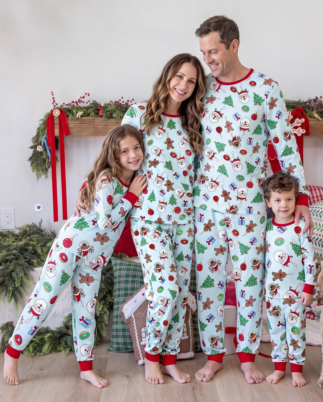 Christmas Matching Family Pajamas Santa & Xmas Tree Print Teal
