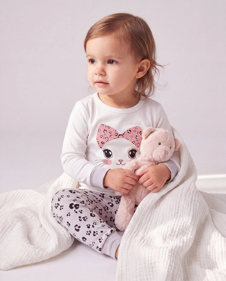 Toddler / Kids 4-piece Organic Cotton Pajamas 4-in 1 Snug fit PaJama Set for Girls White
