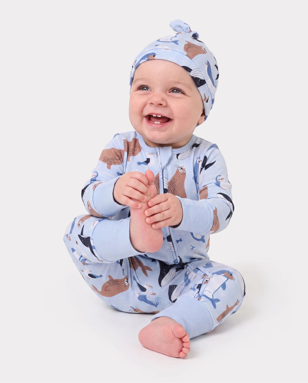 Bamboo Baby Boy/Girl Animal Printed 2-Way Zip Onesies Anti Slip Long-sleeve Footie with Hairband Royal Blue