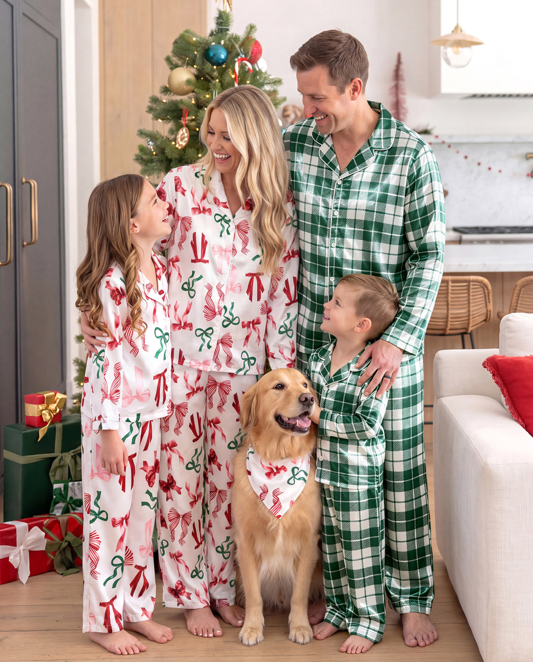 Pyjamas de Noël assortis pour toute la famille, imprimé nœuds et carreaux, satin multicolore