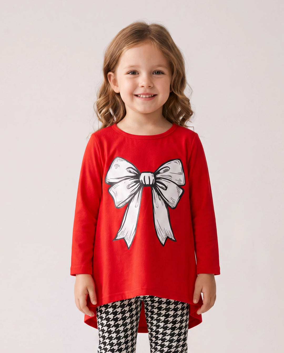 2pcs Toddler Girl Bowknot Print High Low Long-sleeve Tee and Houndstooth Leggings Set Red-2