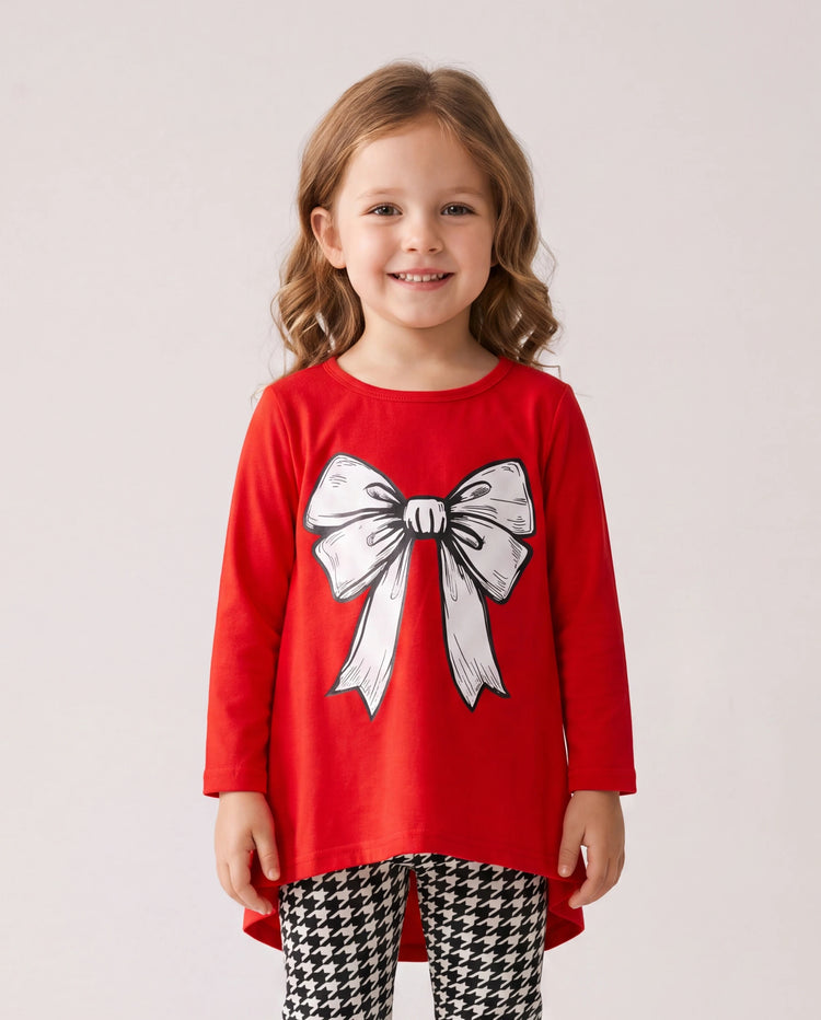 2pcs Toddler Girl Bowknot Print High Low Long-sleeve Tee and Houndstooth Leggings Set Red-2