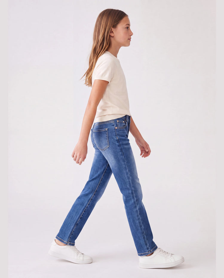 Kinder Pull On Elastische Taille Denim Jeans Weiche Stretch Bequeme Alltagshose mit Taschen blau