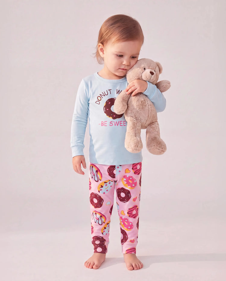 Pyjama 4 pièces en coton biologique pour tout-petits/enfants, ensemble 4 en 1 coupe ajustée pour filles, bleu clair
