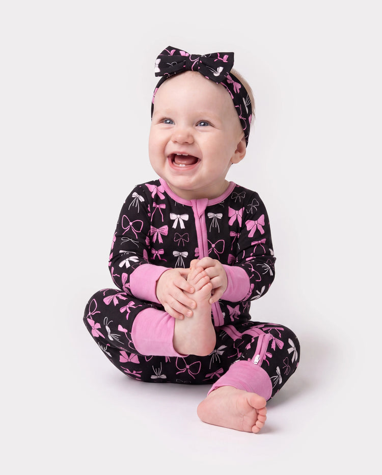 Bamboo Baby Girl Elegant Printed 2-Way Zip Onesies Anti Slip Long-sleeve Footie with Hairband Pink purple