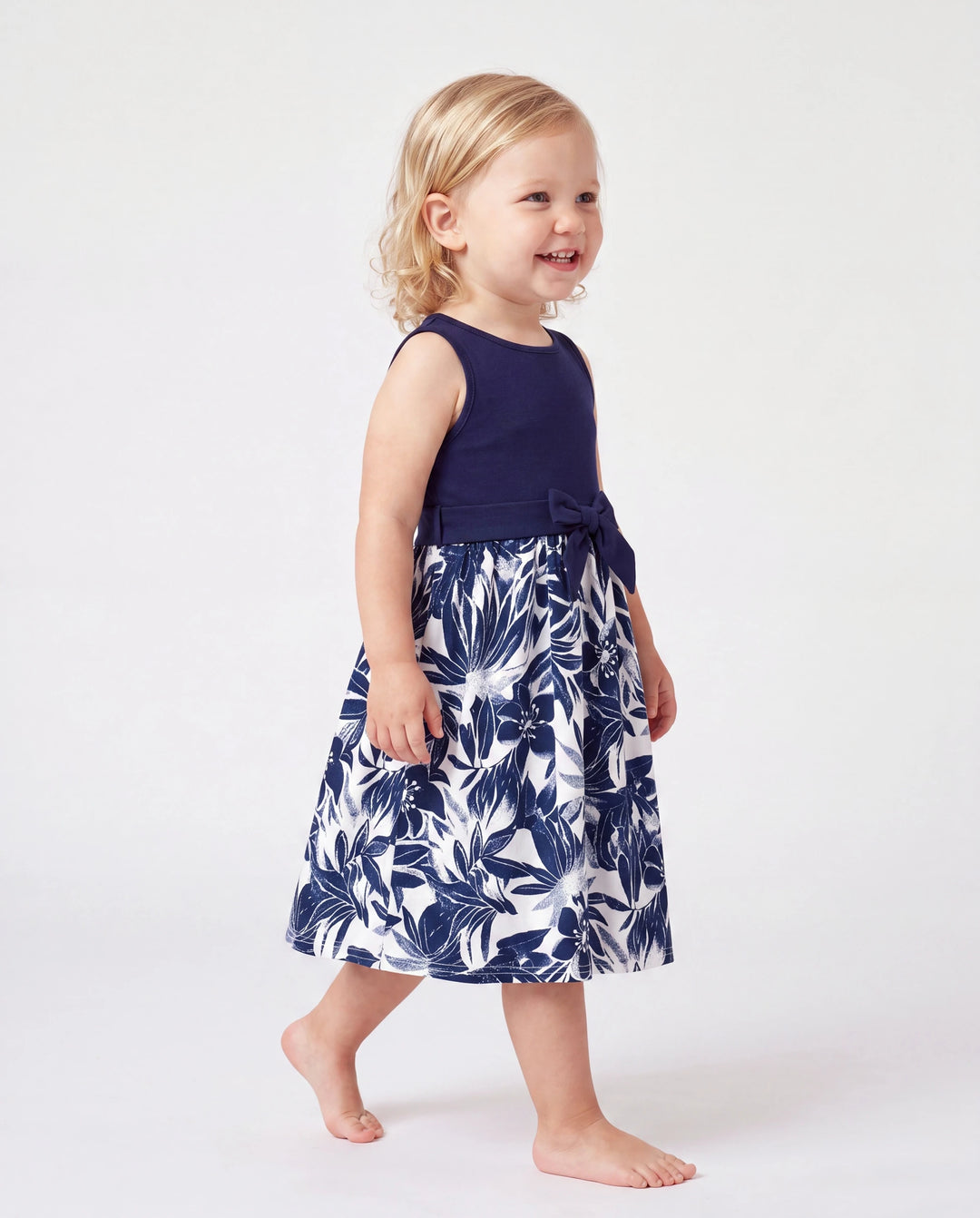 Toddler/Kid Girl Flora Print Splicing Tank Dress Deep Blue