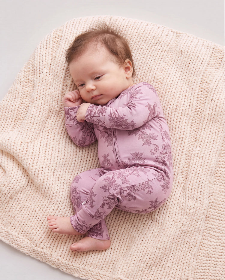 Pyjama bébé garçon/fille en laine à imprimé végétal, fermeture éclair, coupe ajustée, rose