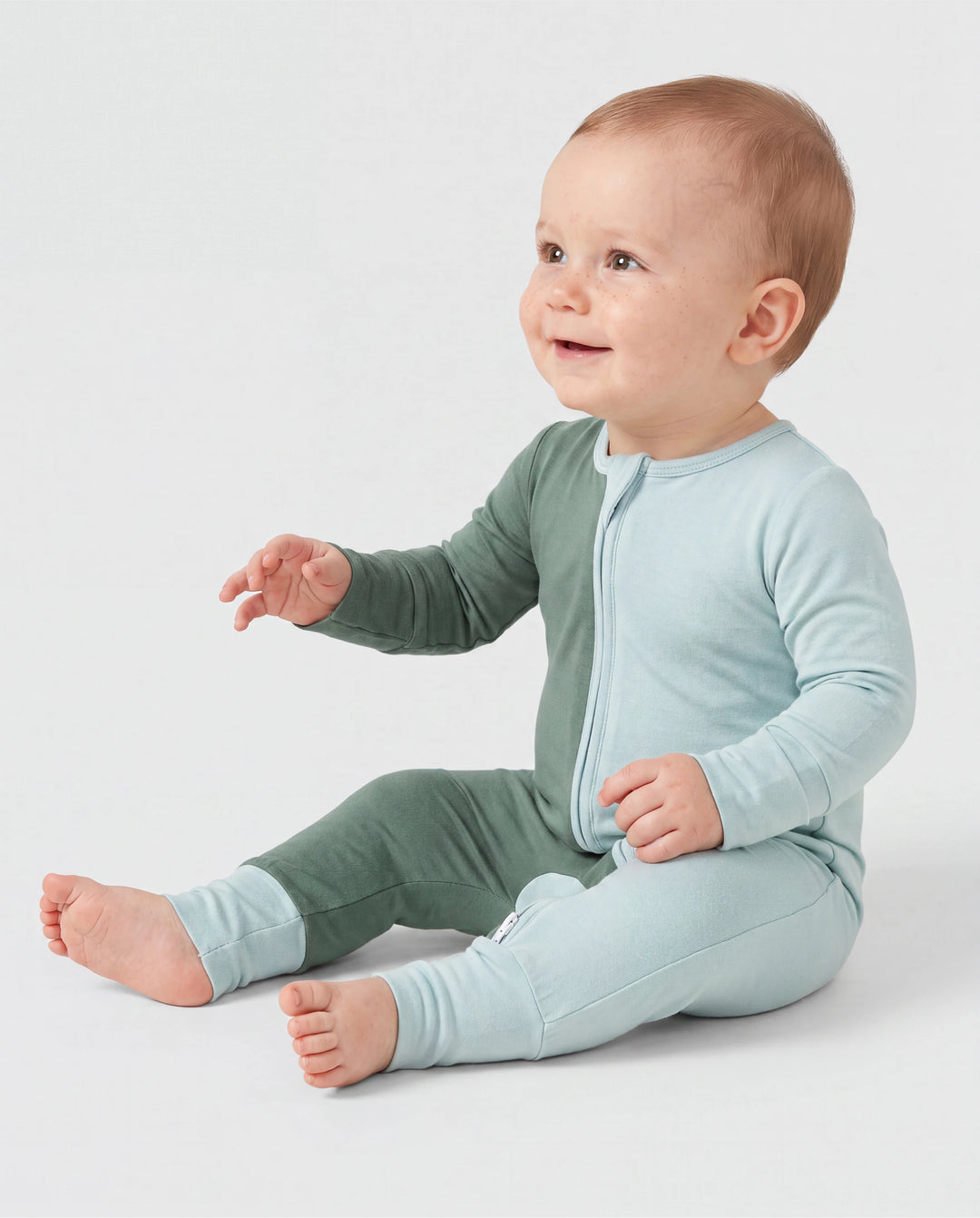 Mameluco de bambú para bebé niño/niña, de manga larga, antideslizante, con cremallera bidireccional y bloques de color, color verde