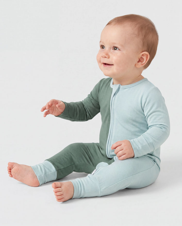 Mameluco de bambú para bebé niño/niña, de manga larga, antideslizante, con cremallera bidireccional y bloques de color, color verde