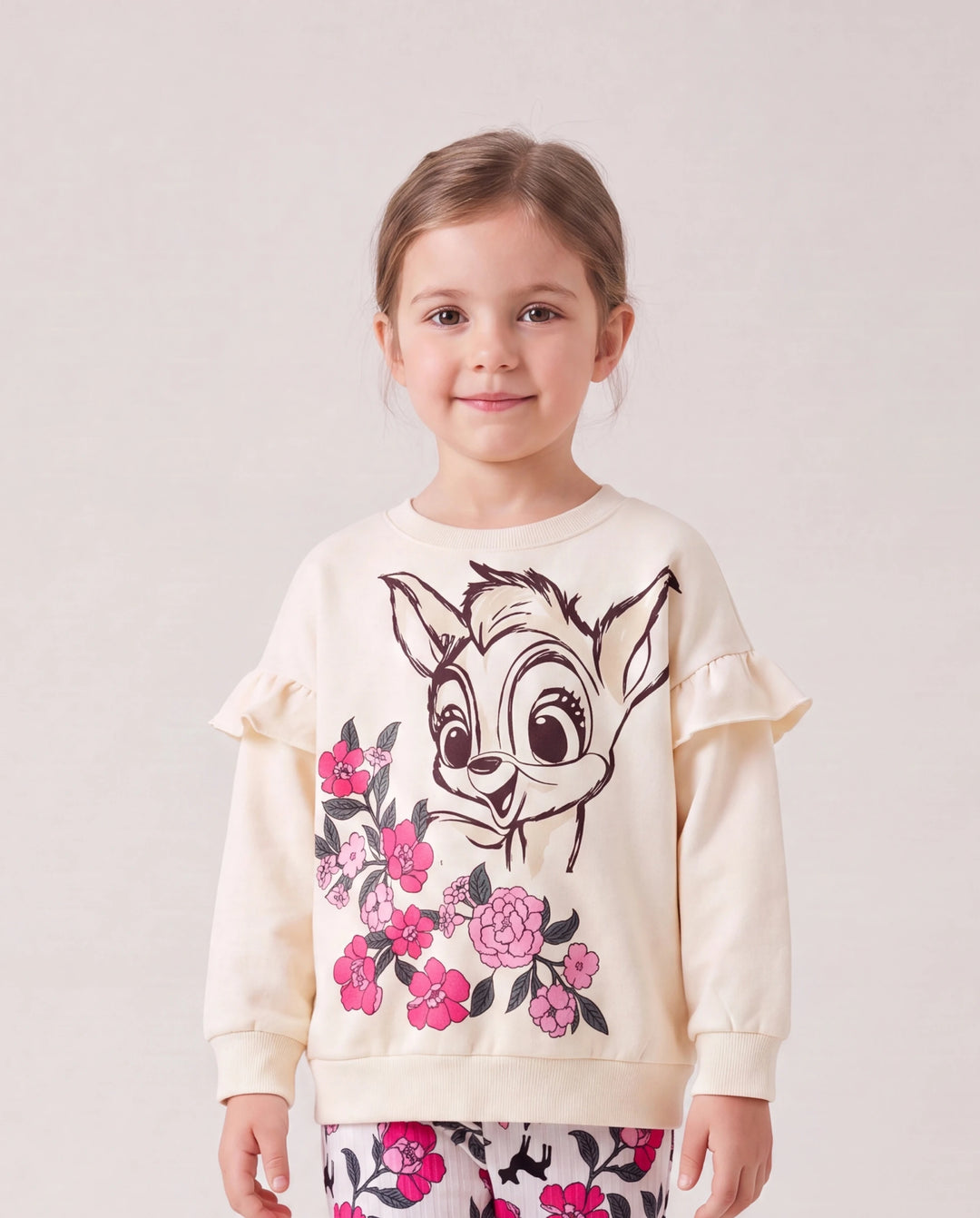 Kleinkind Mädchen 2pcs Dear Rüschen Sweatshirt und geblümt ausgestellte Hosen Set Farbblock