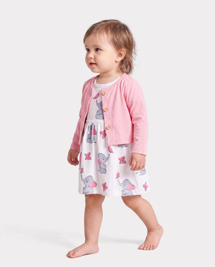 Ensemble 2 pièces pour bébé fille avec cardigan rose et robe à imprimé éléphant