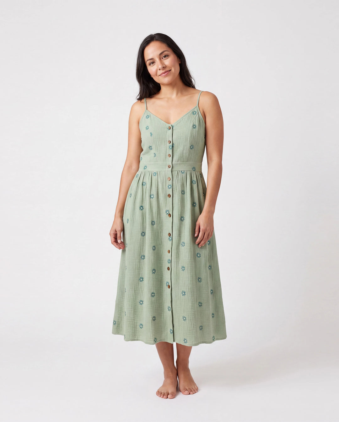 Vestidos de algodón floral para niñas pequeñas/niñas con botones, fruncido, tirantes florales y volantes con lazo, perfectos para salidas familiares y fotos de verano Verde pálido