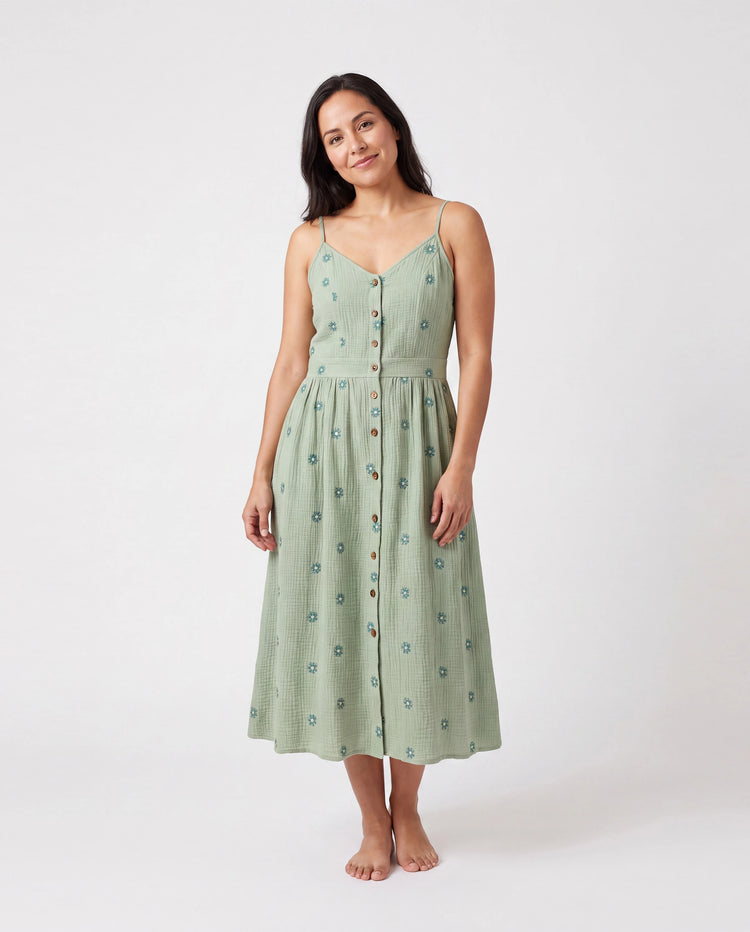 Vestidos de algodón floral para niñas pequeñas/niñas con botones, fruncido, tirantes florales y volantes con lazo, perfectos para salidas familiares y fotos de verano Verde pálido