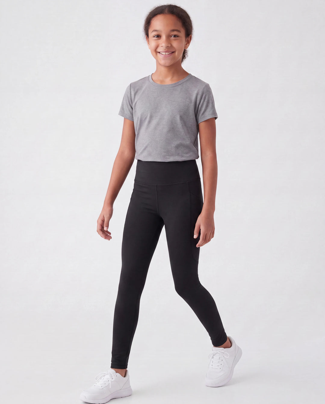 Sportliche ausgestellte Yogahose für Mädchen mit hoher Taille Einfarbige Leggings mit passendem Haargummi schwarz