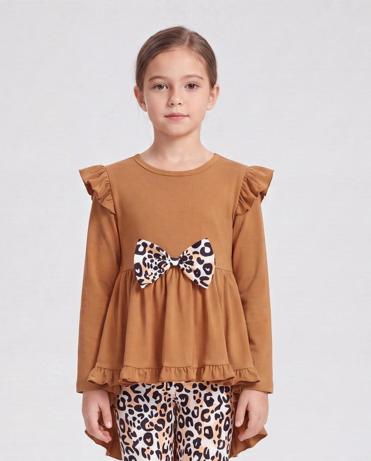 2-piece Kid Girl Bowknot Ruffled Long-sleeves Tee and Flower Allover Print Pants Brown