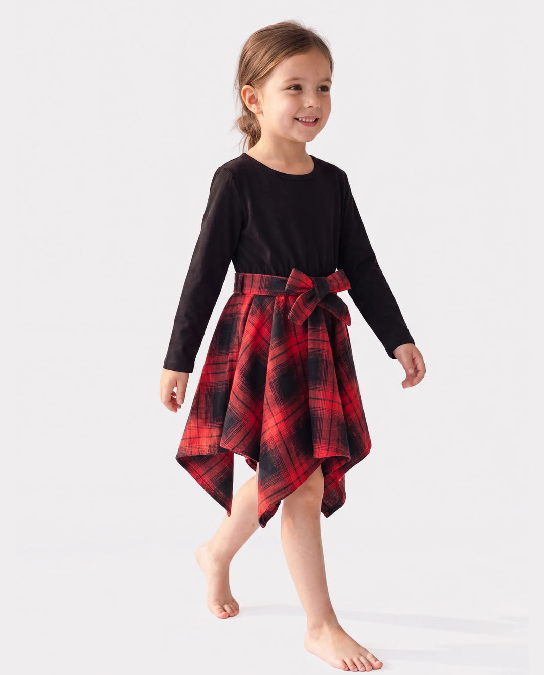 Toddler Girl Plaid Irregular Hem Splice Long-sleeve Dress Black