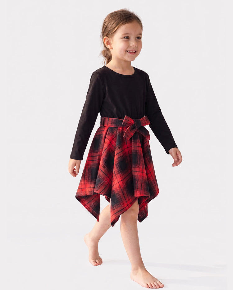 Toddler Girl Plaid Irregular Hem Splice Long-sleeve Dress Black