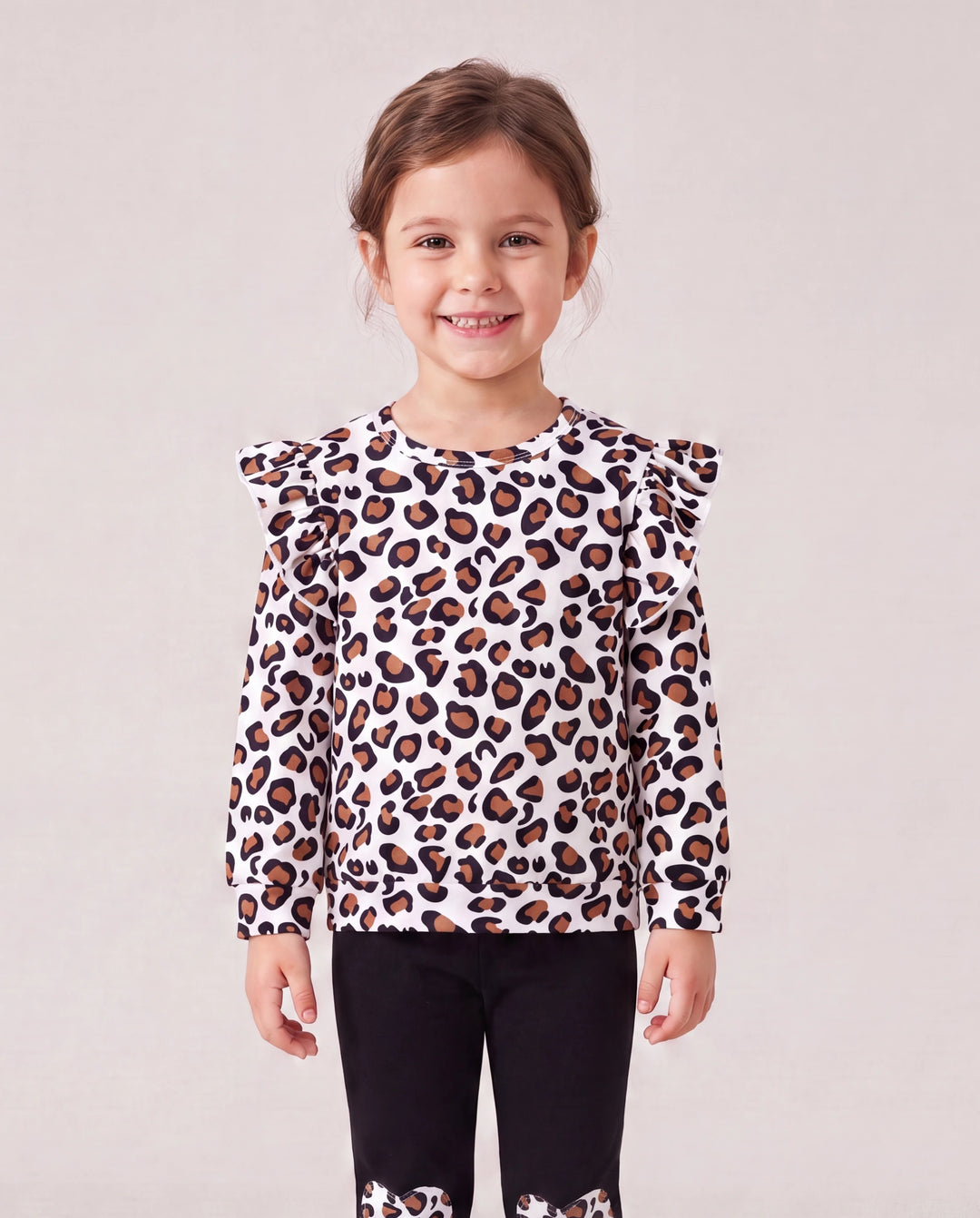 2-piece Toddler Girl Leopard Print Flutter Long-sleeve Top and Heart Pattern Pants Set Black