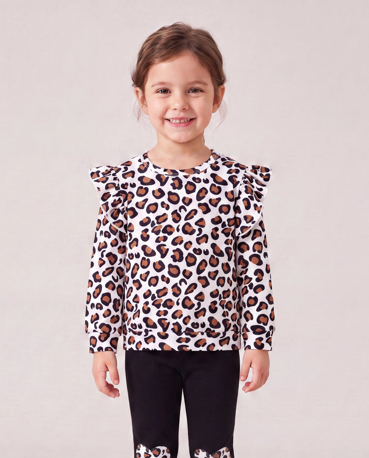 2-piece Toddler Girl Leopard Print Flutter Long-sleeve Top and Heart Pattern Pants Set Black