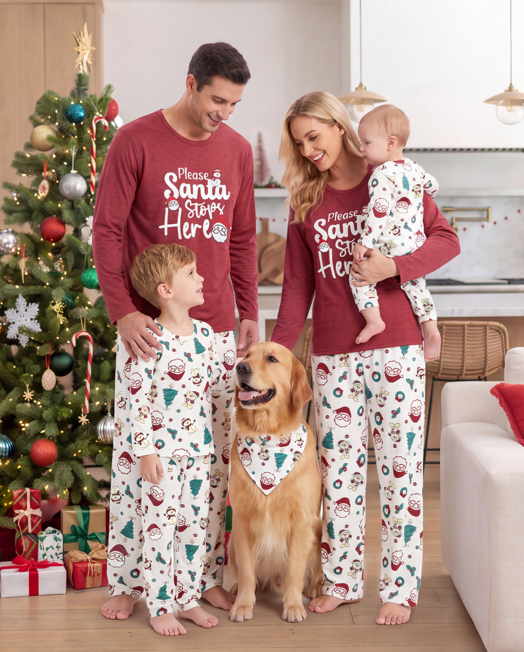 Christmas Matching Family Pajamas Santa & Xmas Tree Print Pink