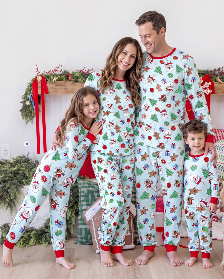 Pyjamas de Noël assortis pour toute la famille, imprimé Père Noël et sapins, vert