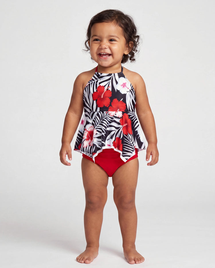Bañador de dos piezas halter con flores tropicales para niña pequeña Negro
