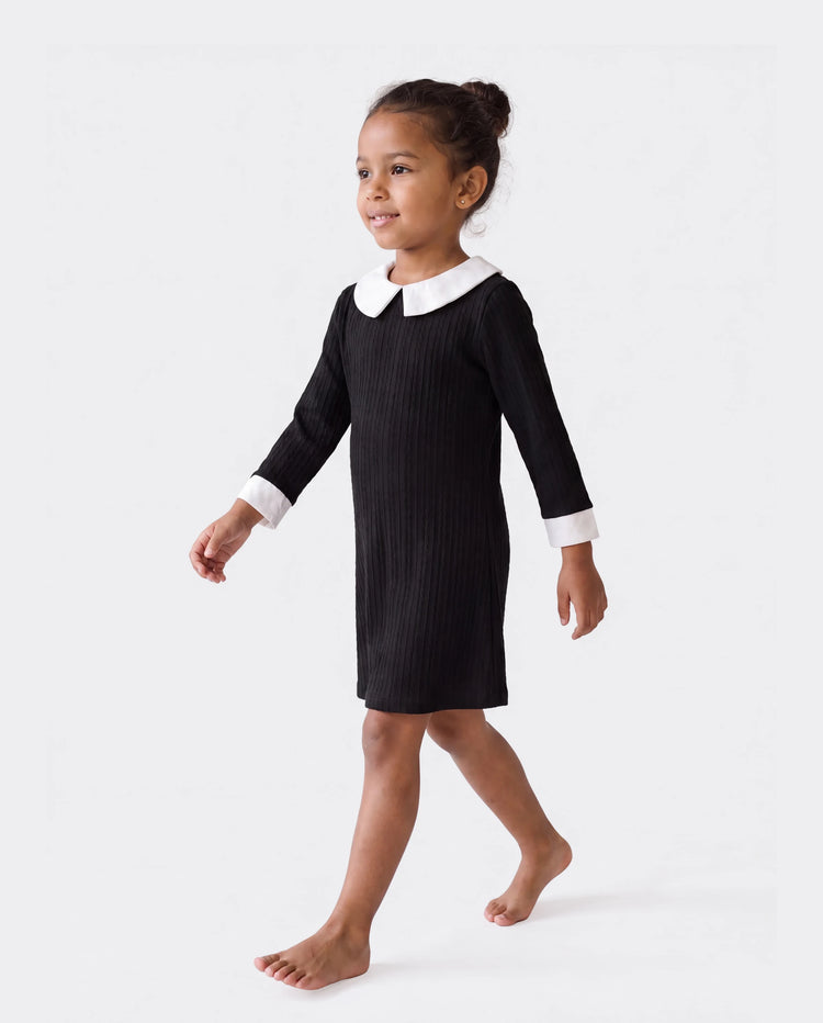 Kid Girl Avant-garde Solid Color Lapel Design Long Sleeve Dress Black