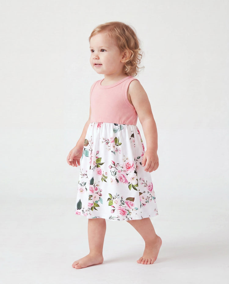 Kleinkind/Mädchen Pink Ärmelloses Zusammengesetztes Blumenprint Midikleid Pink
