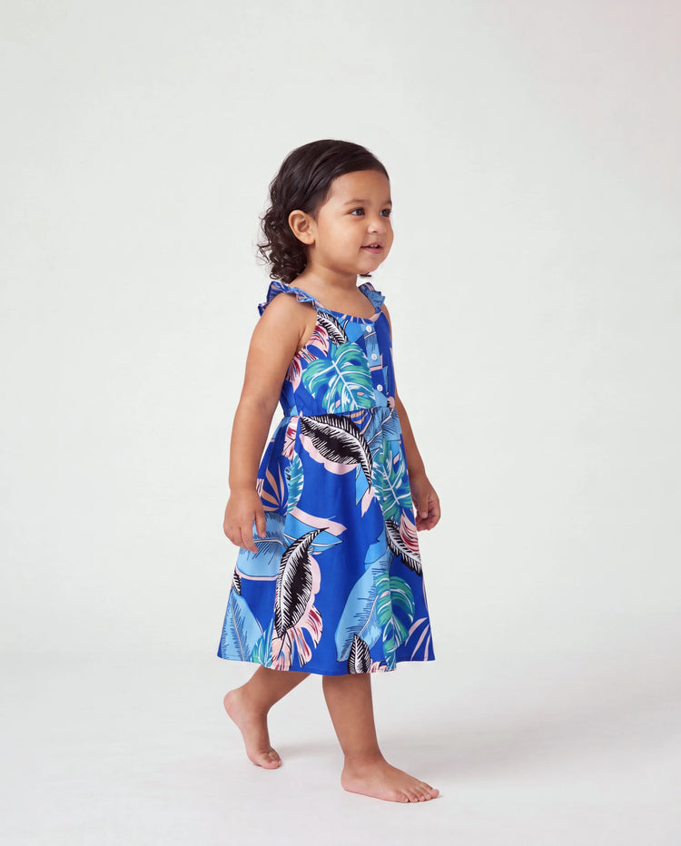 Toddler/Kid Girl Tropical Dress – Blue Floral Print, Perfect for Summer Vacations and Family Photos Blue