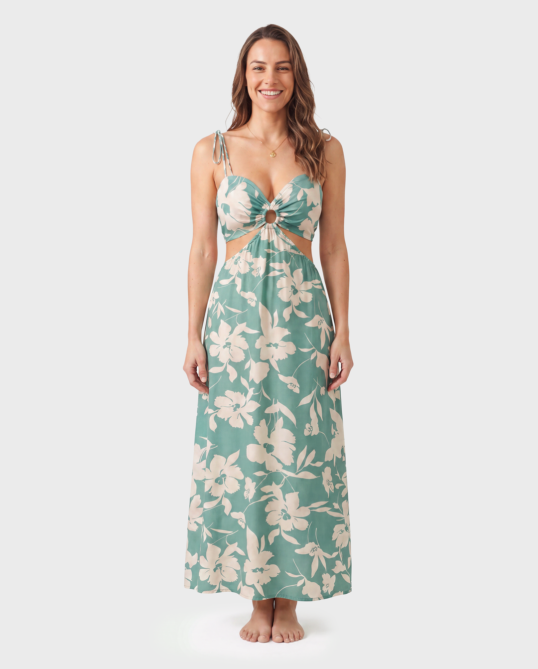 Mommy & me Leaf Print Green Sling Shirred Dress Set Green