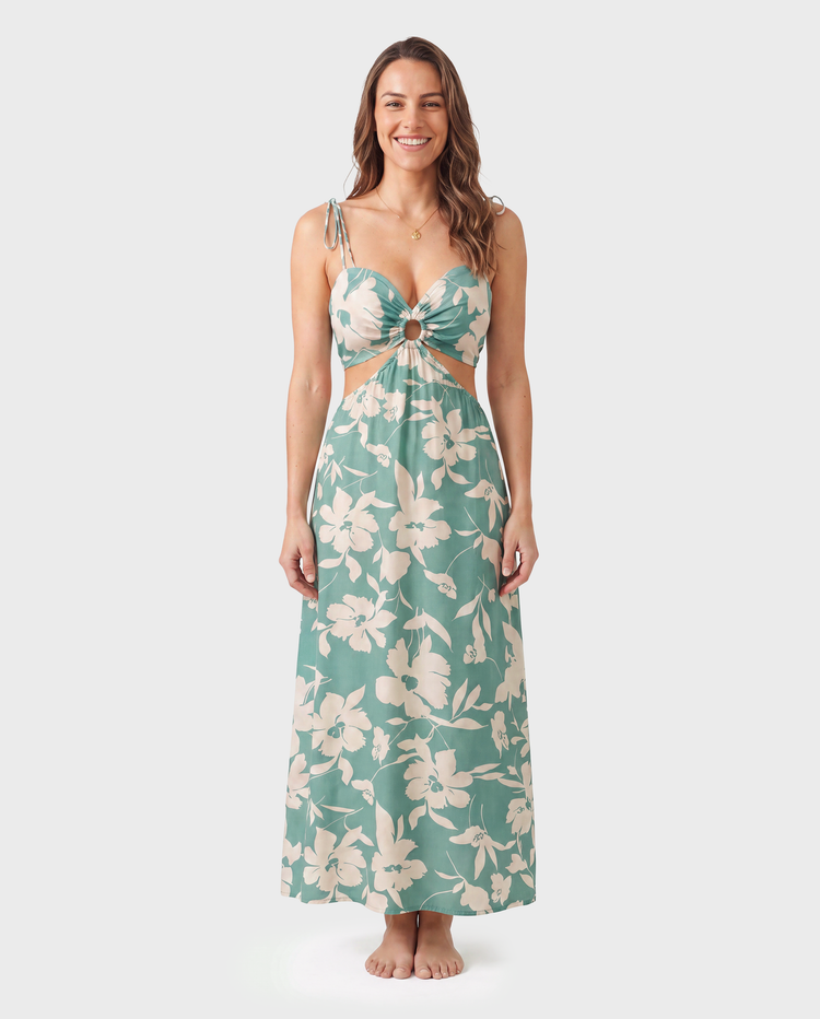 Mommy & me Leaf Print Green Sling Shirred Dress Set Green
