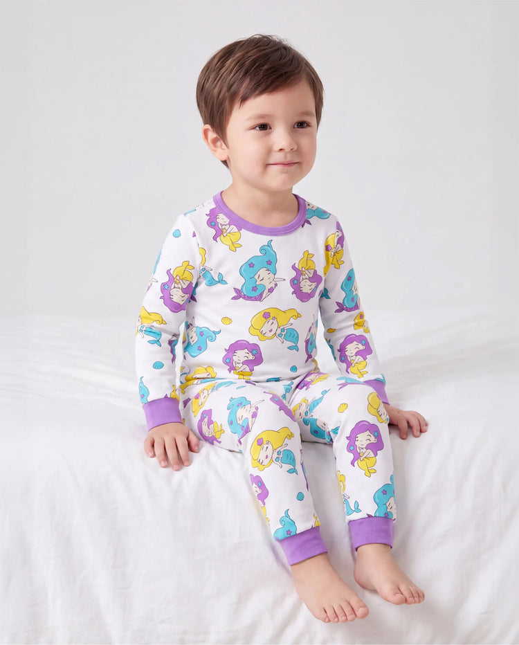 Toddler / Kids 2-piece Organic Cotton Pajamas with Childlike Print Snug fit Pjs for Girls / Boys White